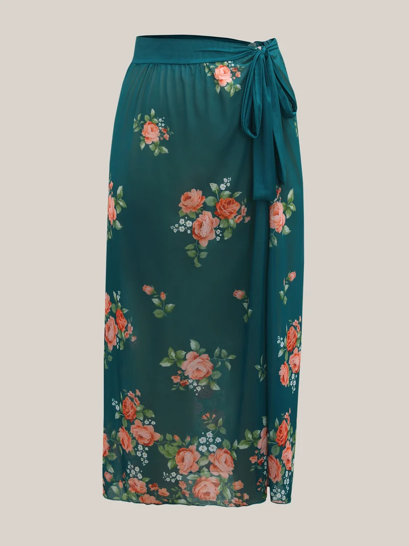 Two-Piece Floral Ruffled Knotted One-Piece, Sarong