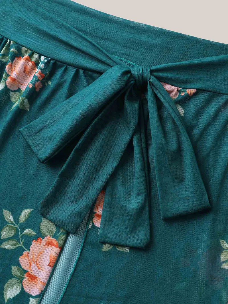 Two-Piece Floral Ruffled Knotted One-Piece, Sarong