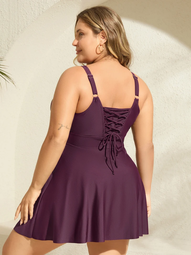 Adjustable Back Ties Pleated Swim Dress