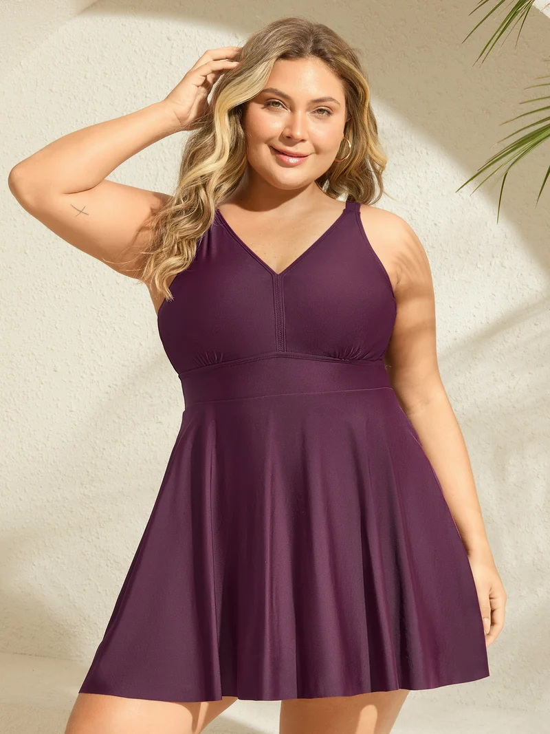 Adjustable Back Ties Pleated Swim Dress