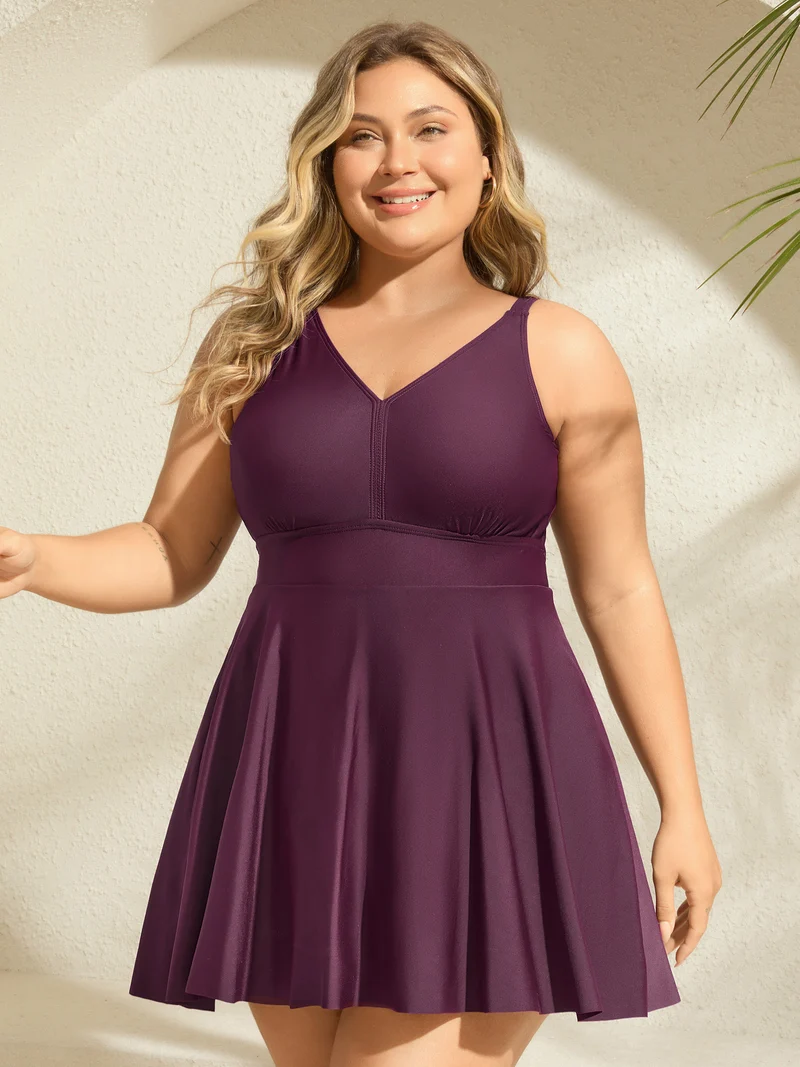 Adjustable Back Ties Pleated Swim Dress
