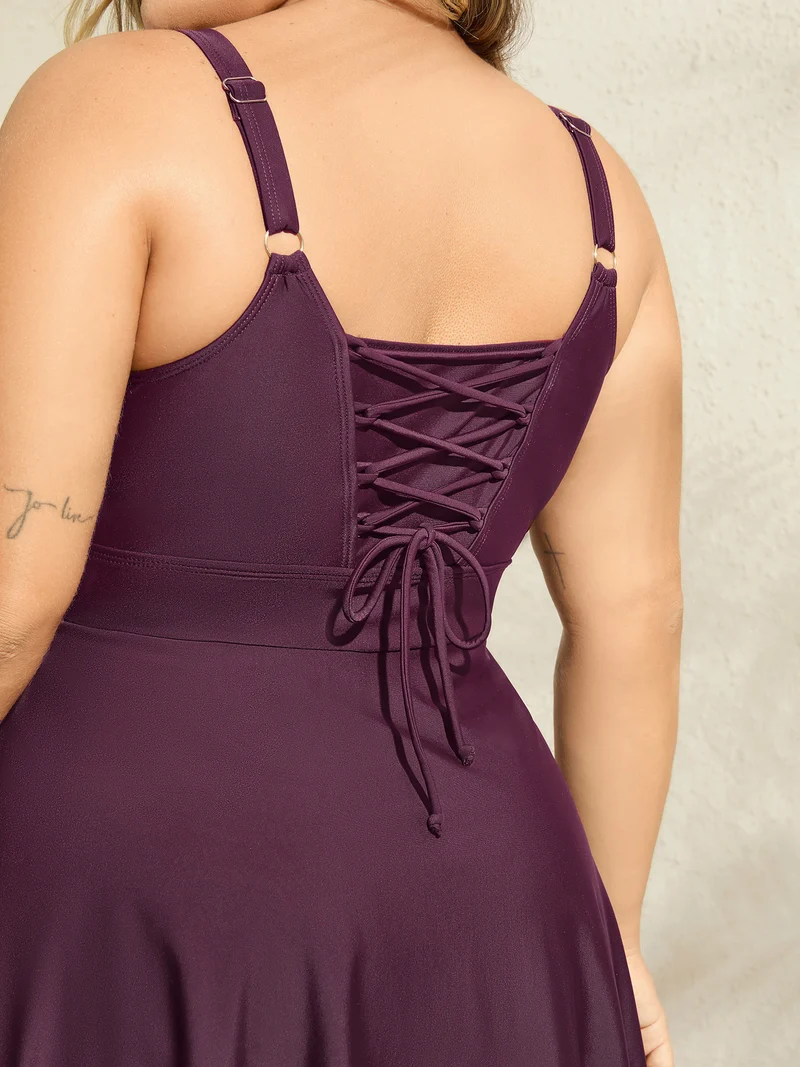 Adjustable Back Ties Pleated Swim Dress