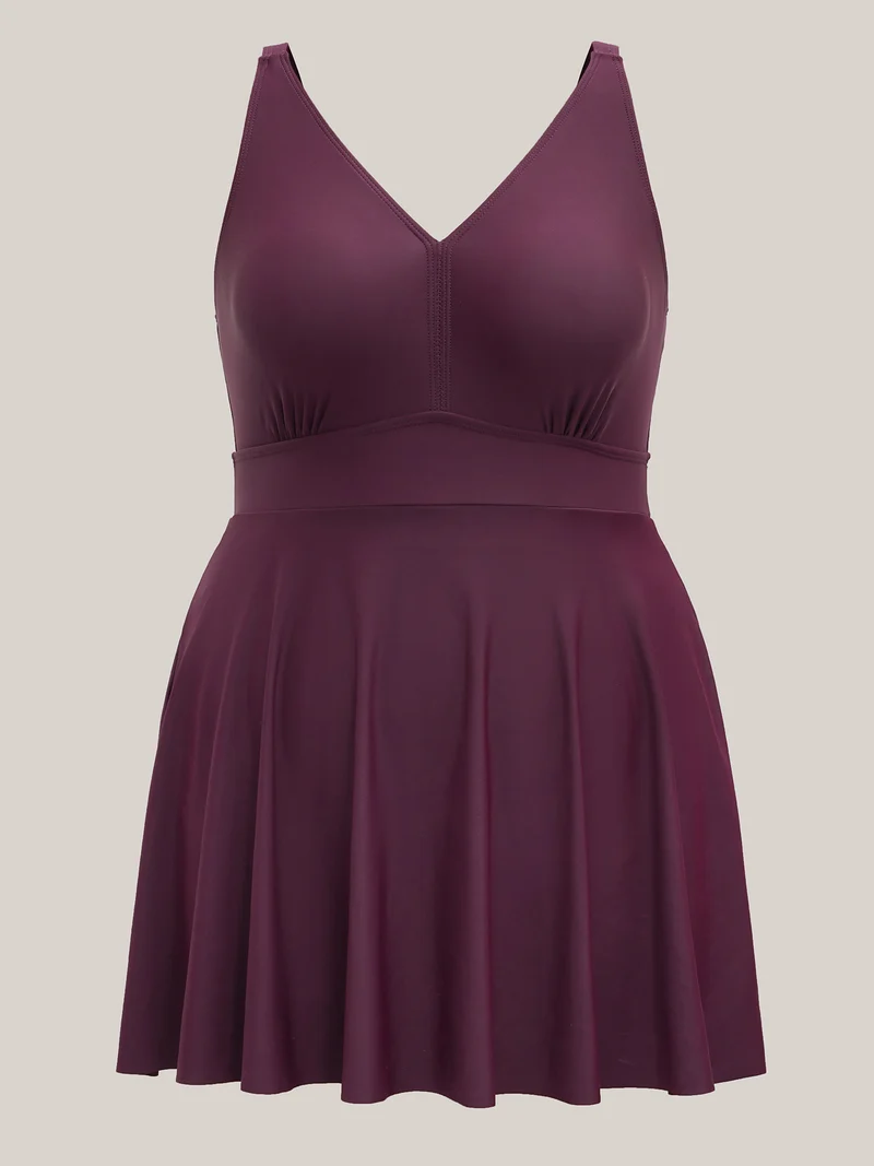 Adjustable Back Ties Pleated Swim Dress