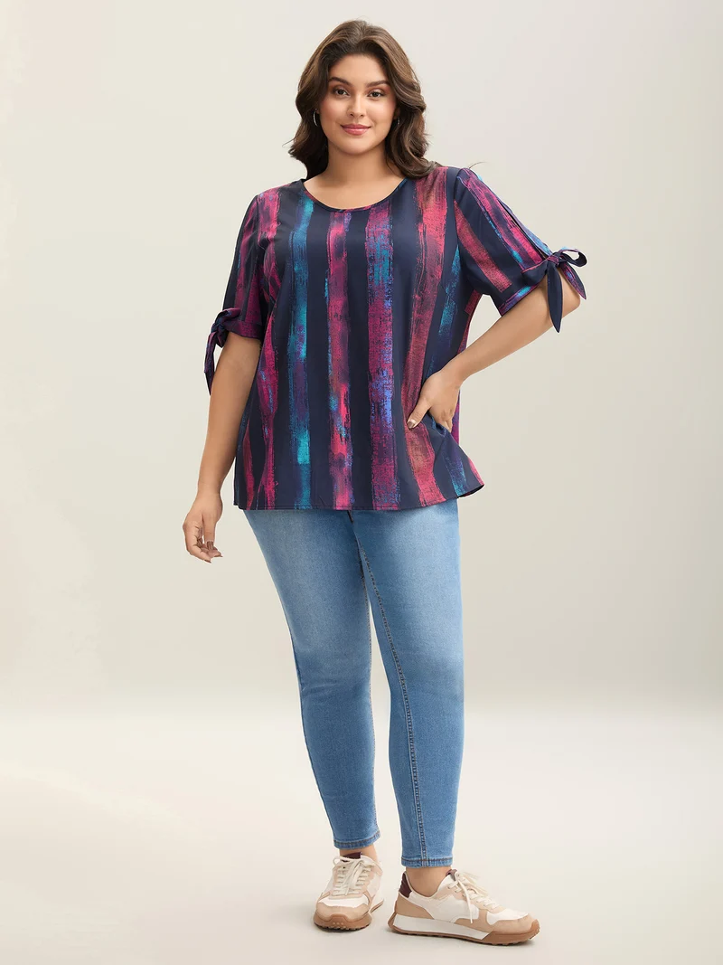 Irregular Stripes Sleeve Tie Blouse