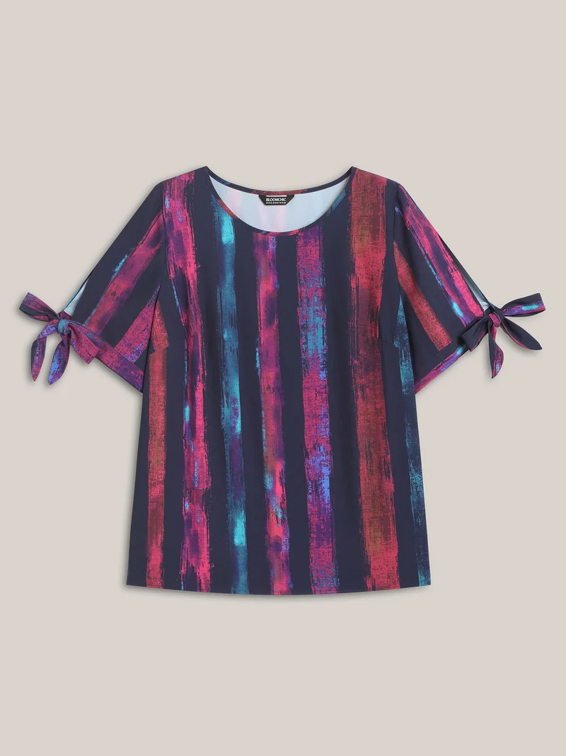 Irregular Stripes Sleeve Tie Blouse