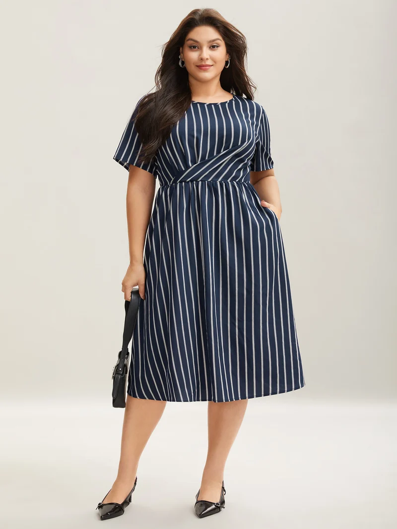Striped Stretchy Waist Defining Pockets Dress