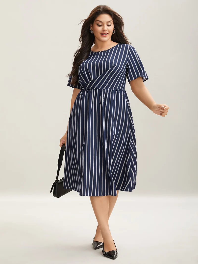 Striped Stretchy Waist Defining Pockets Dress
