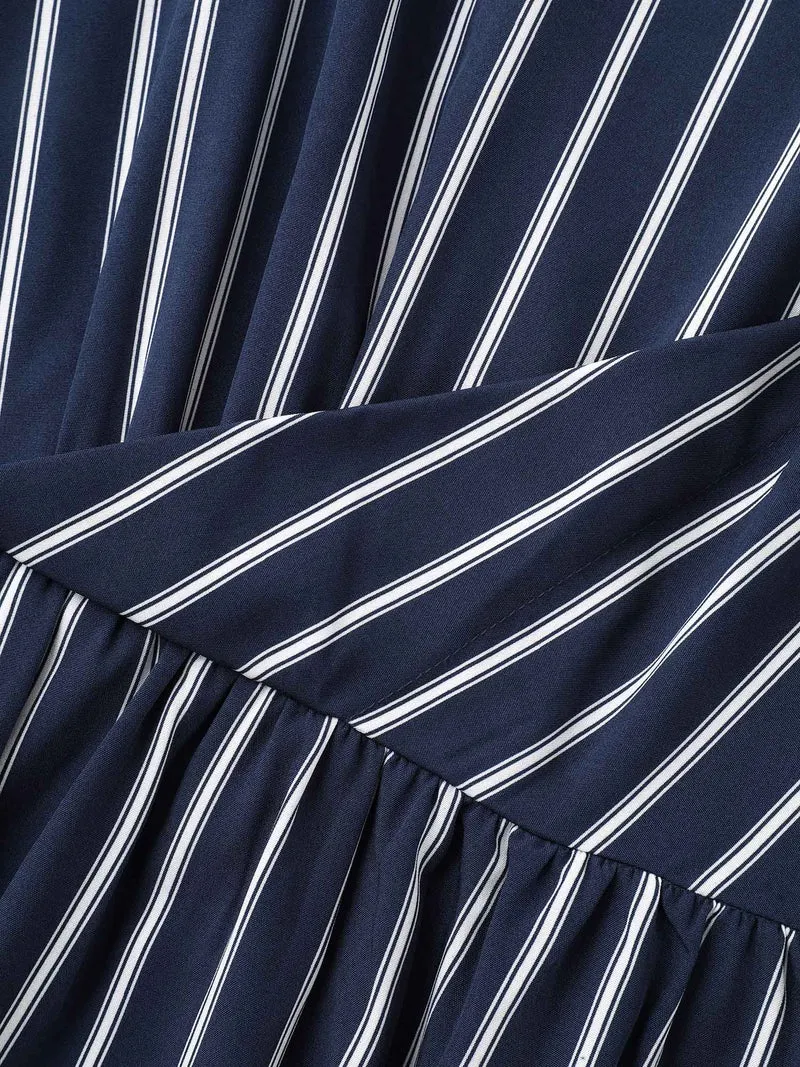 Striped Stretchy Waist Defining Pockets Dress