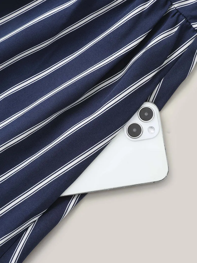 Striped Stretchy Waist Defining Pockets Dress