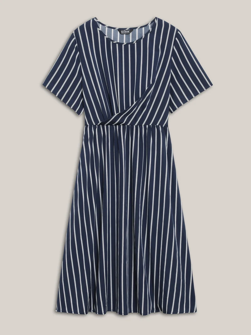 Striped Stretchy Waist Defining Pockets Dress