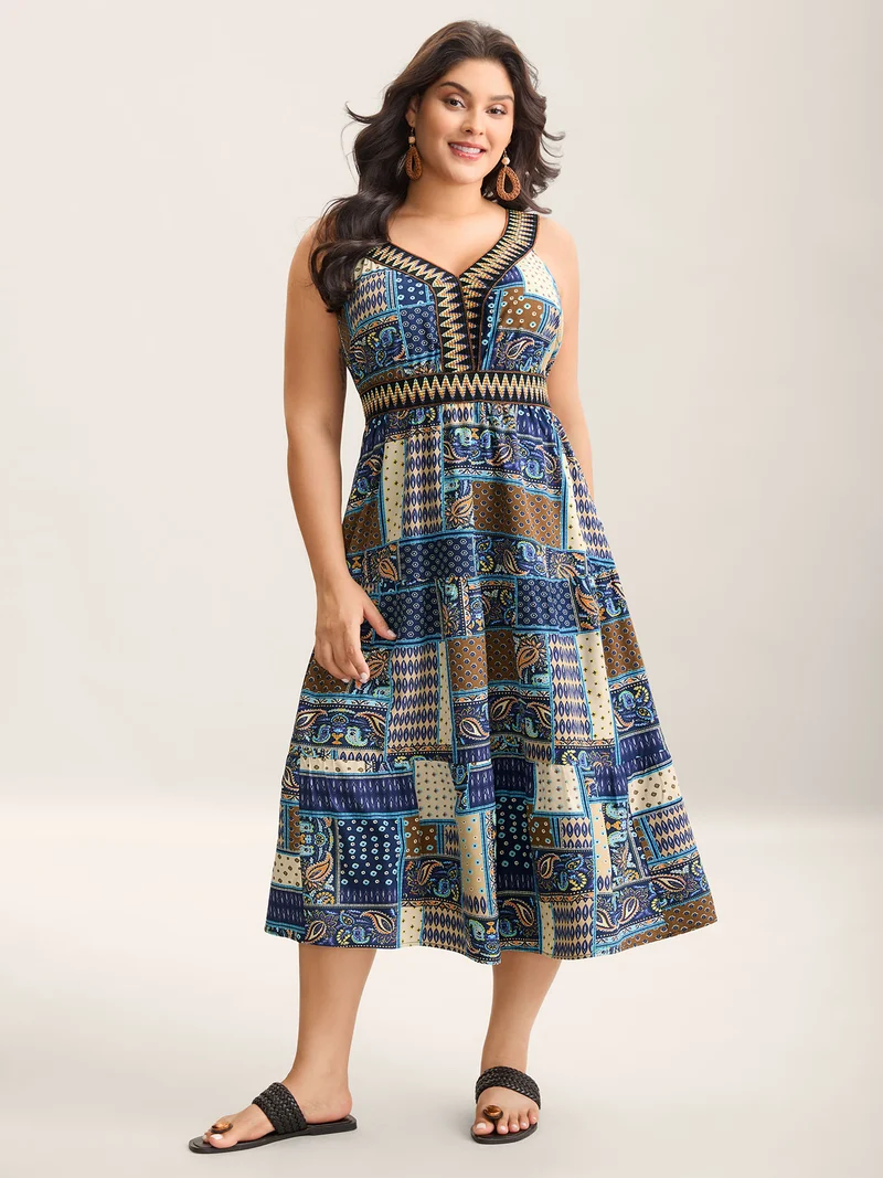 Boho Print Webbed Neck Midi Dress