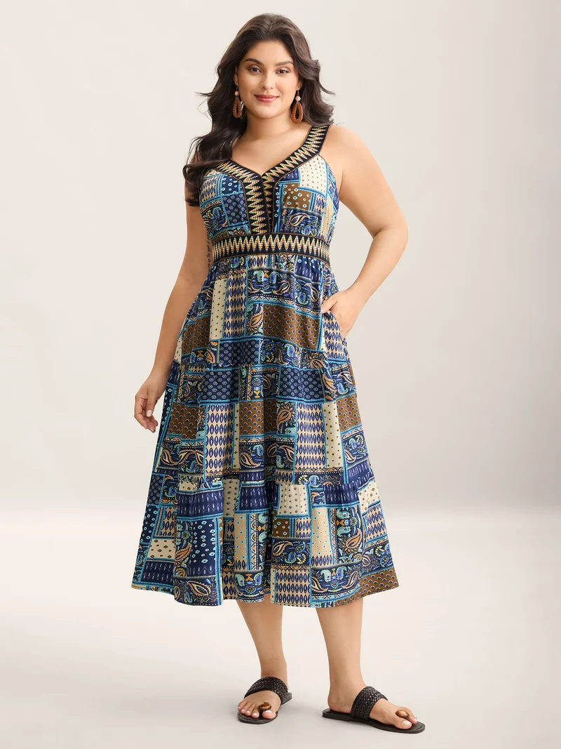 Boho Print Webbed Neck Midi Dress