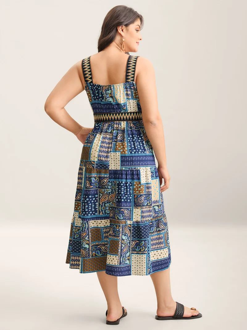 Boho Print Webbed Neck Midi Dress