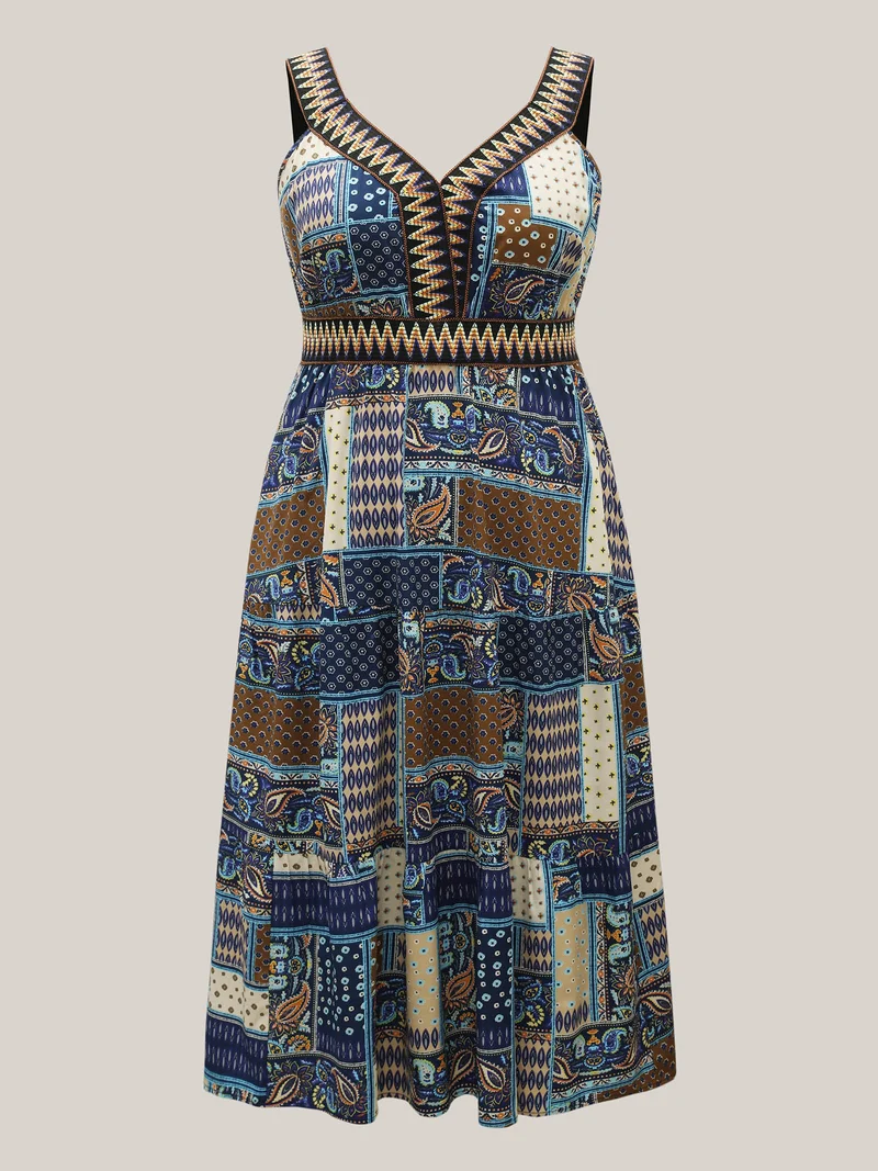 Boho Print Webbed Neck Midi Dress