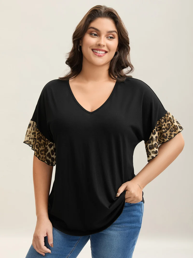 Leopard Pattern Spliced Fitted T-Shirt