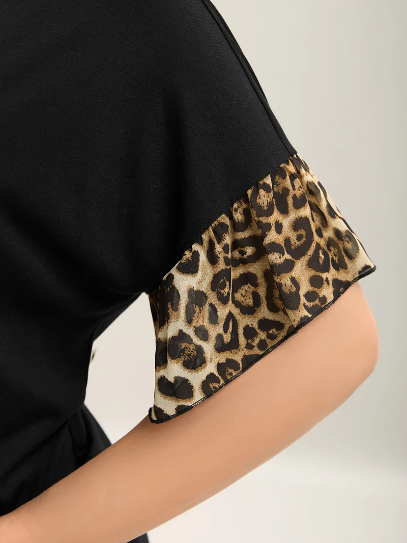Leopard Pattern Spliced Fitted T-Shirt