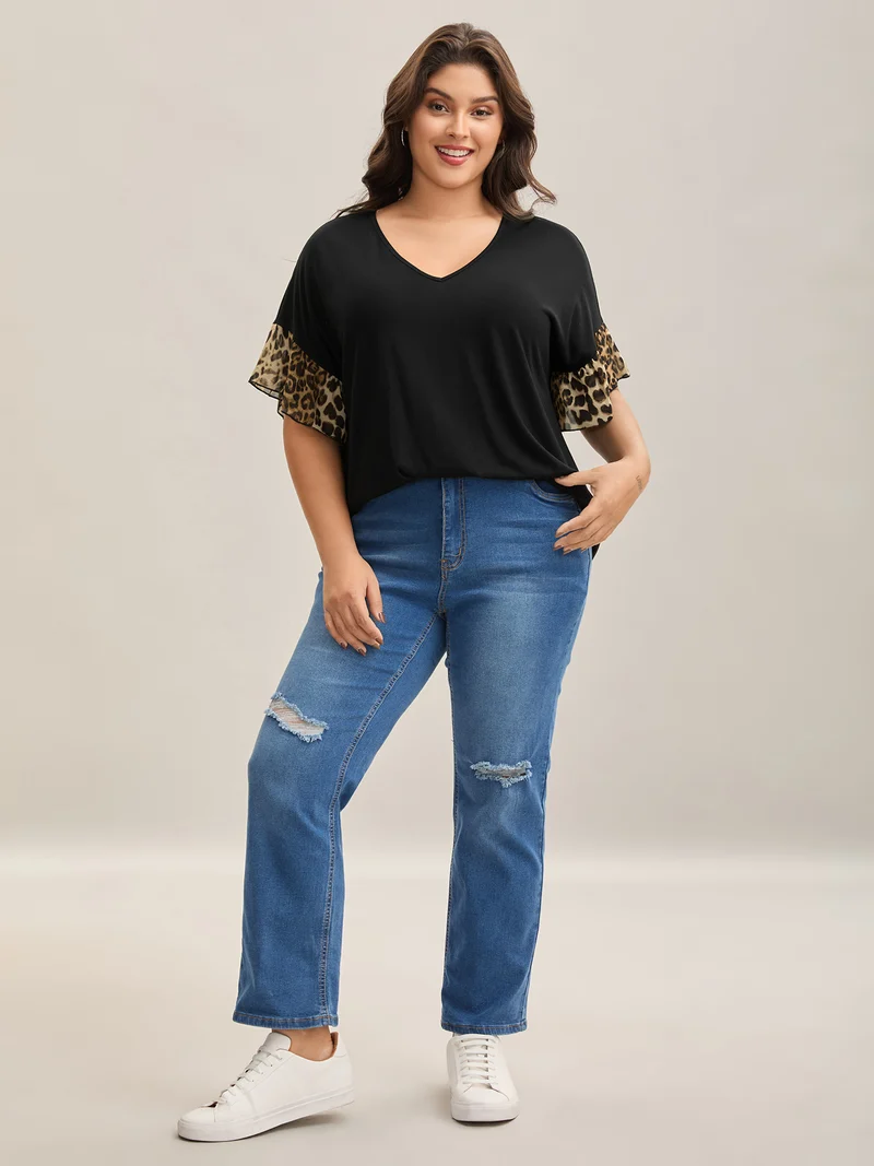 Leopard Pattern Spliced Fitted T-Shirt