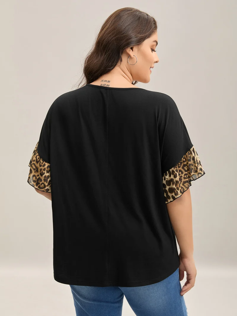 Leopard Pattern Spliced Fitted T-Shirt