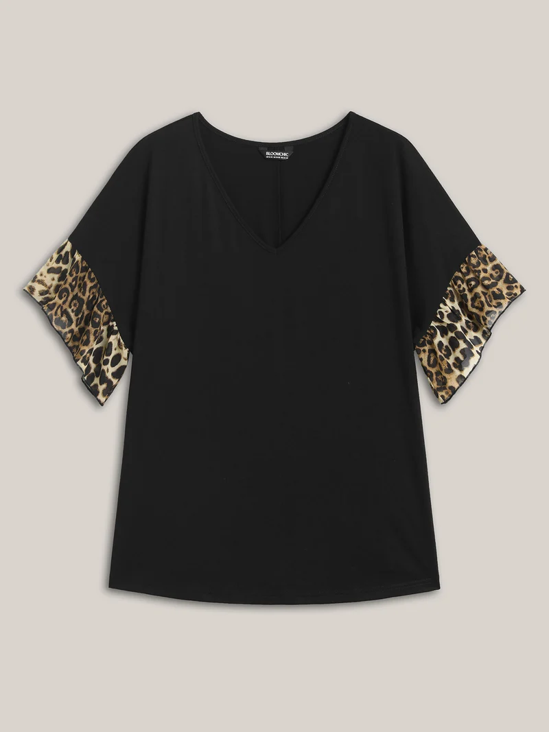 Leopard Pattern Spliced Fitted T-Shirt