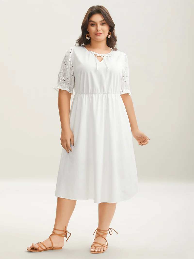 Textured Eyelet Sleeve Pockets Midi Dress