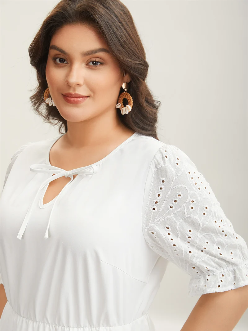 Textured Eyelet Sleeve Pockets Midi Dress