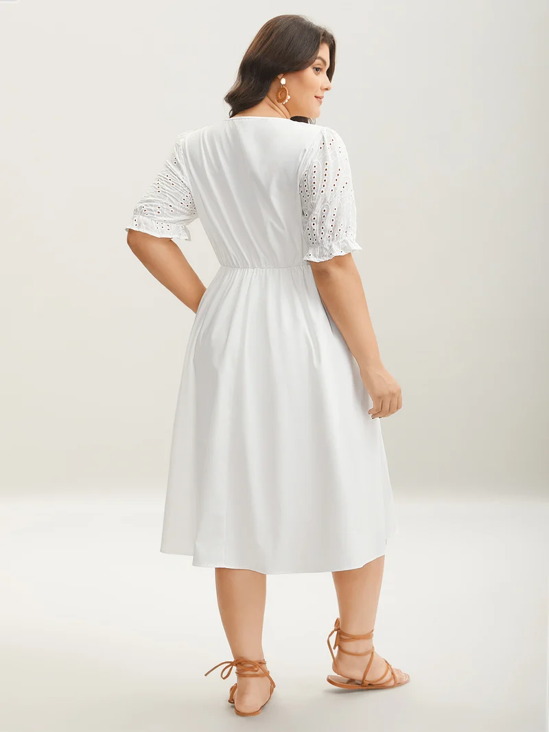 Textured Eyelet Sleeve Pockets Midi Dress