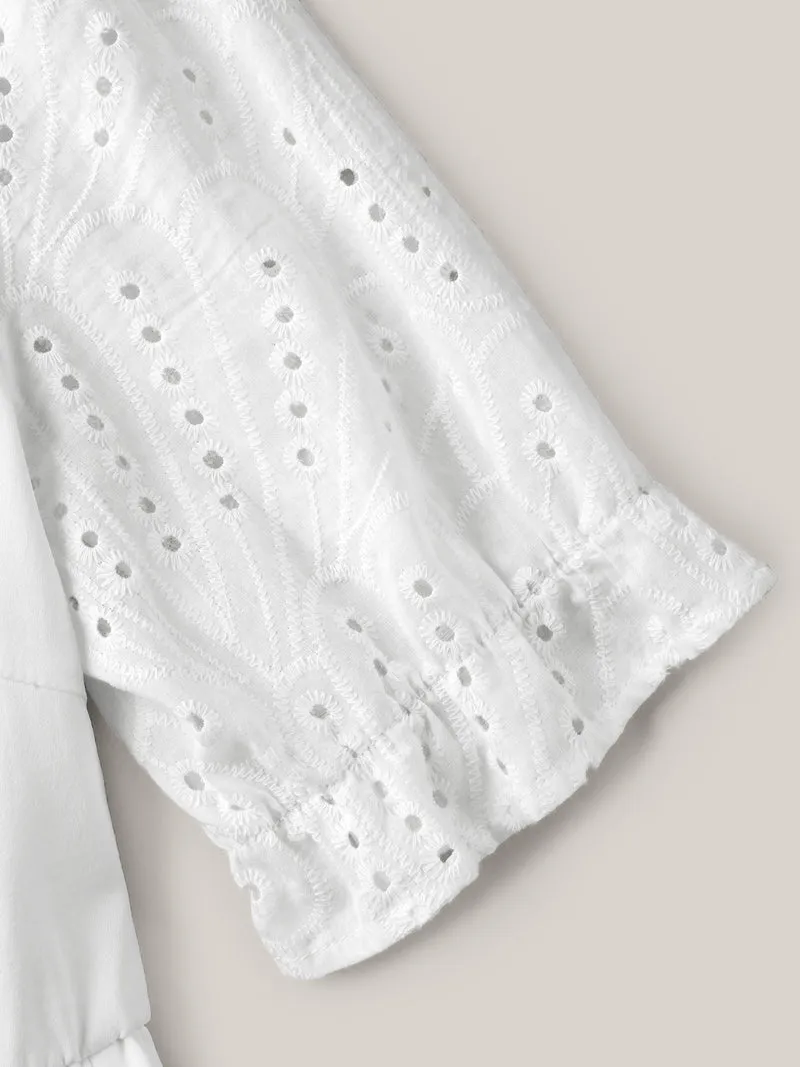 Textured Eyelet Sleeve Pockets Midi Dress