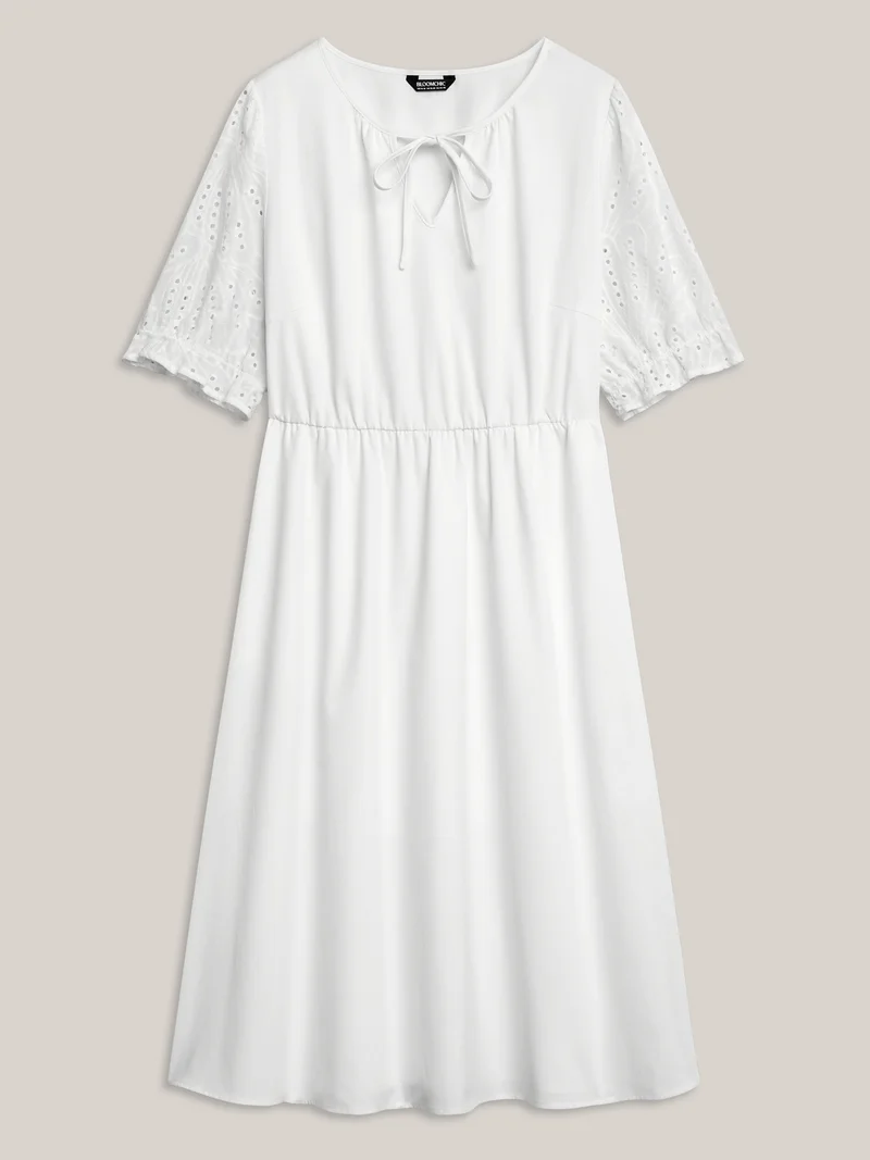 Textured Eyelet Sleeve Pockets Midi Dress