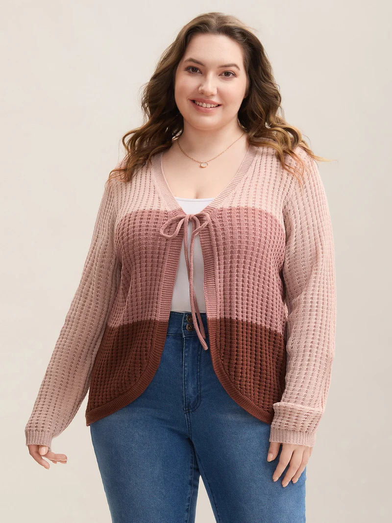 Arc Hem Color Block Tie Front Cardigan