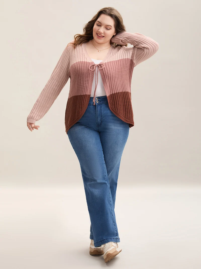 Arc Hem Color Block Tie Front Cardigan