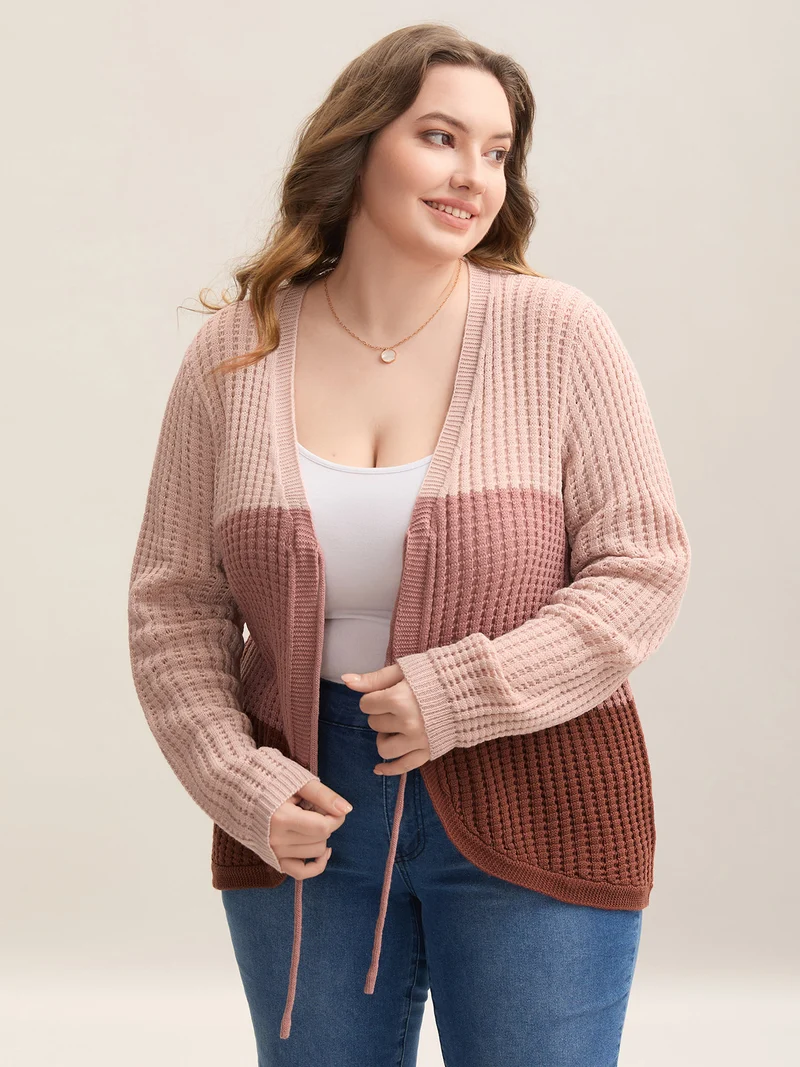 Arc Hem Color Block Tie Front Cardigan