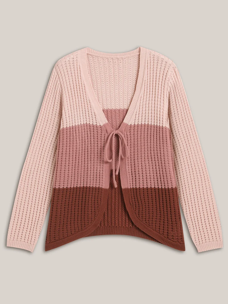 Arc Hem Color Block Tie Front Cardigan