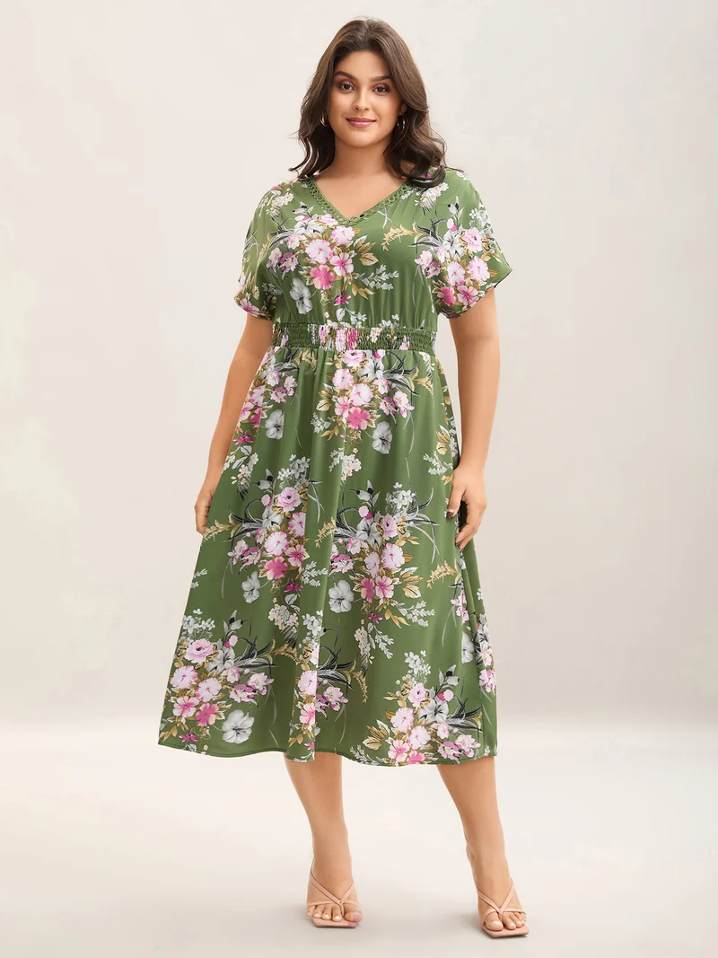 Floral Print Lace Trim Pockets Maxi Dress