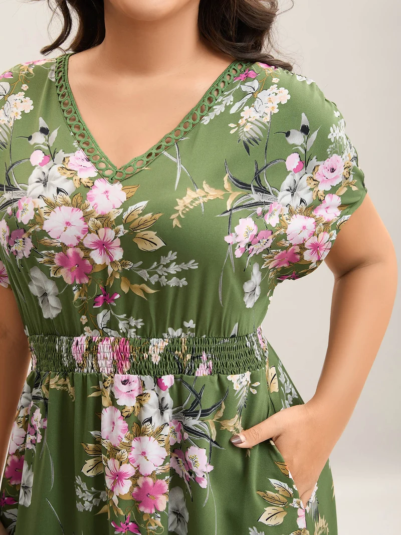 Floral Print Lace Trim Pockets Maxi Dress