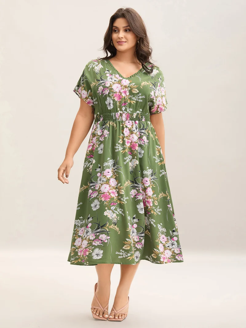 Floral Print Lace Trim Pockets Maxi Dress