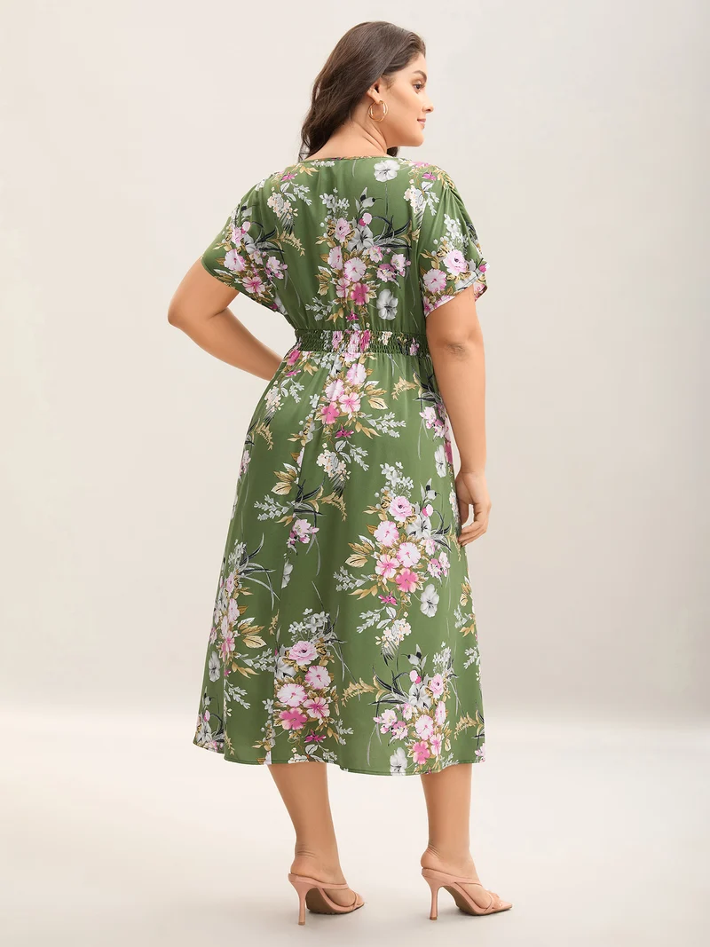 Floral Print Lace Trim Pockets Maxi Dress