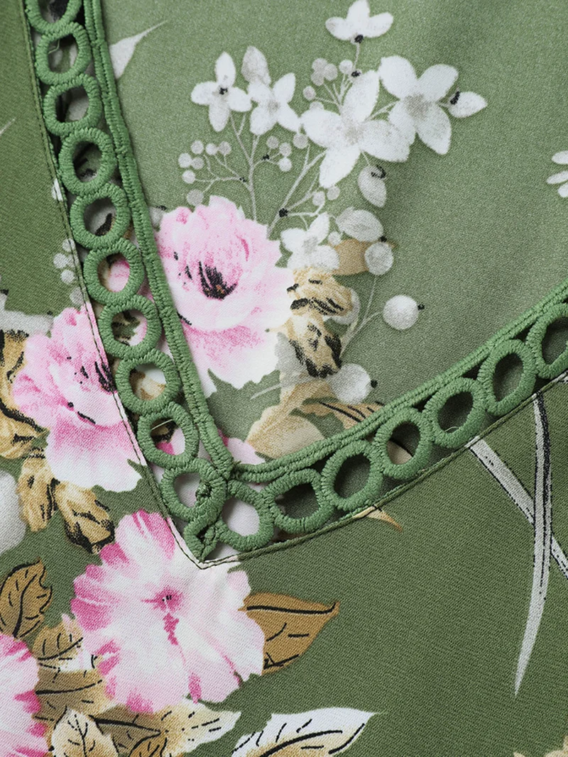 Floral Print Lace Trim Pockets Maxi Dress