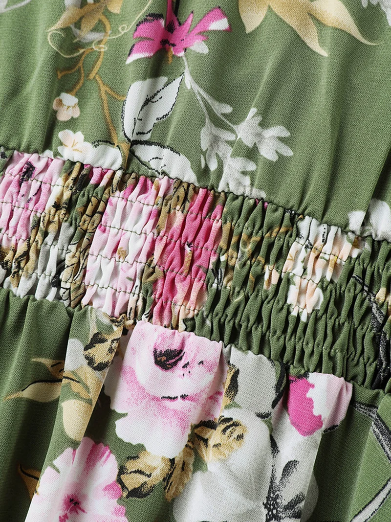 Floral Print Lace Trim Pockets Maxi Dress