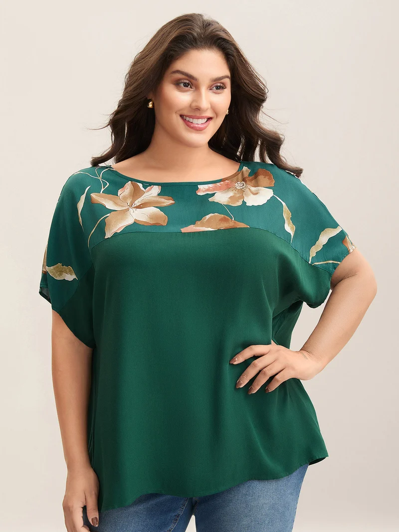 Tropical Floral Print Spliced Blouse