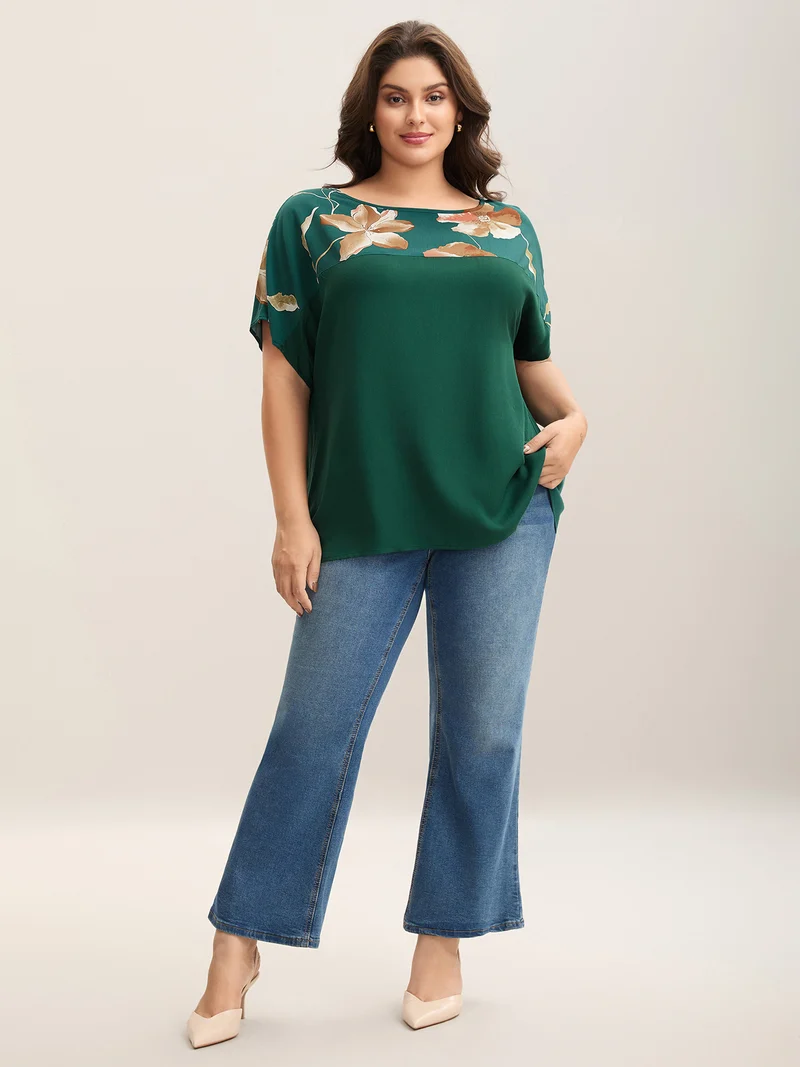 Tropical Floral Print Spliced Blouse