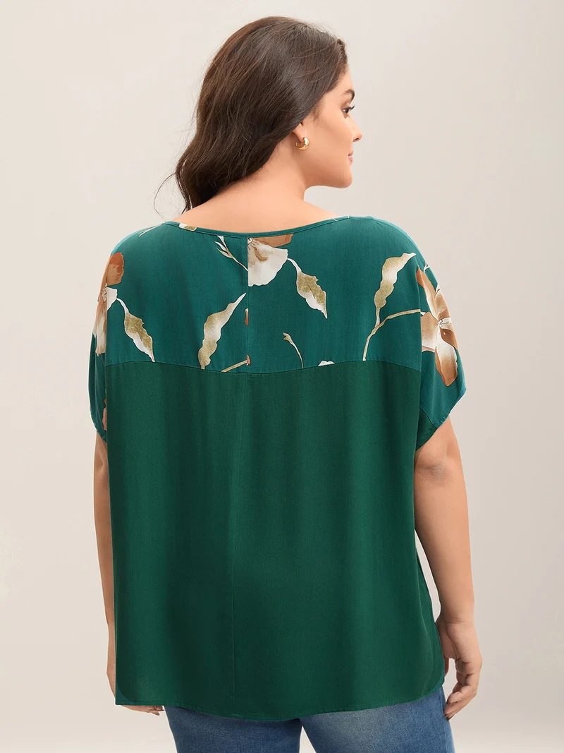 Tropical Floral Print Spliced Blouse