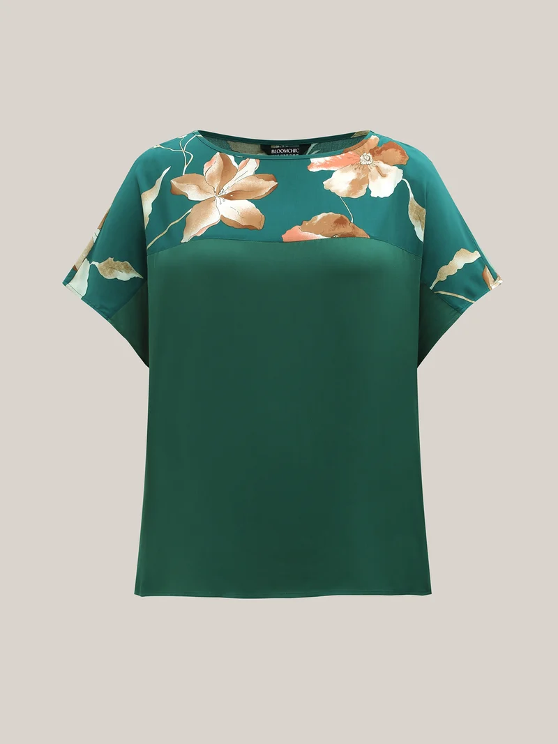 Tropical Floral Print Spliced Blouse