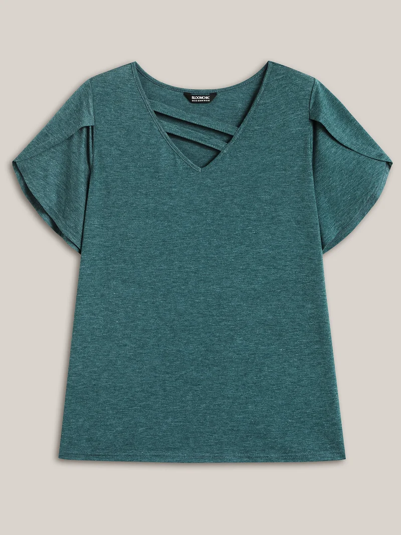 Heather Stretchy Neck Cut-Out T-Shirt