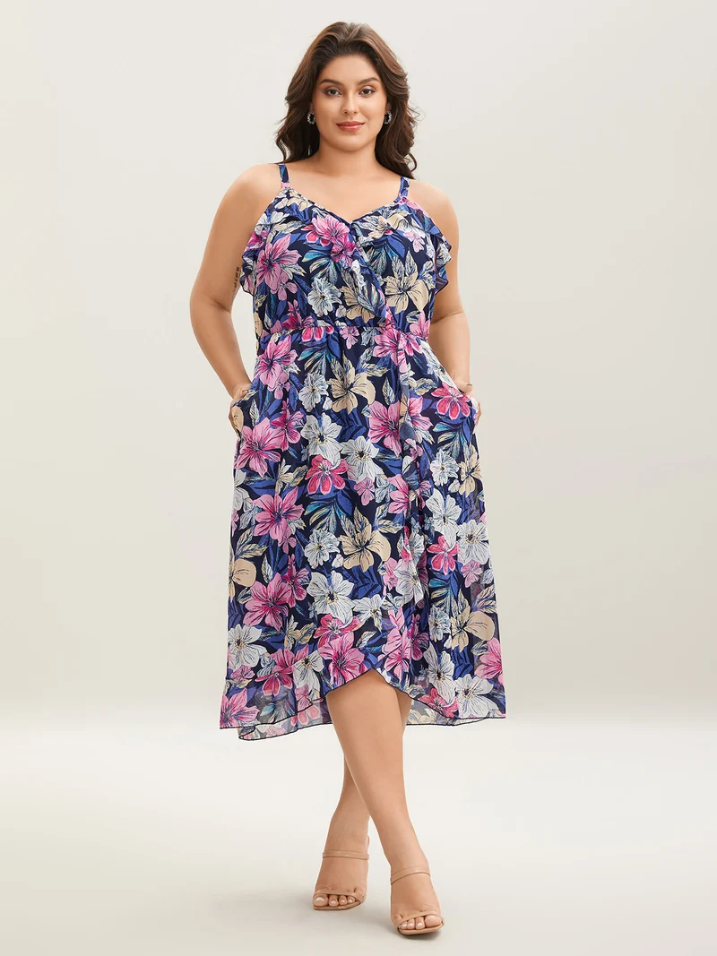 Large Flower Print Overlap Hem Midi Dress