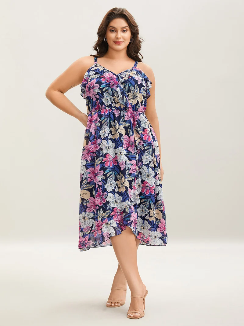 Large Flower Print Overlap Hem Midi Dress