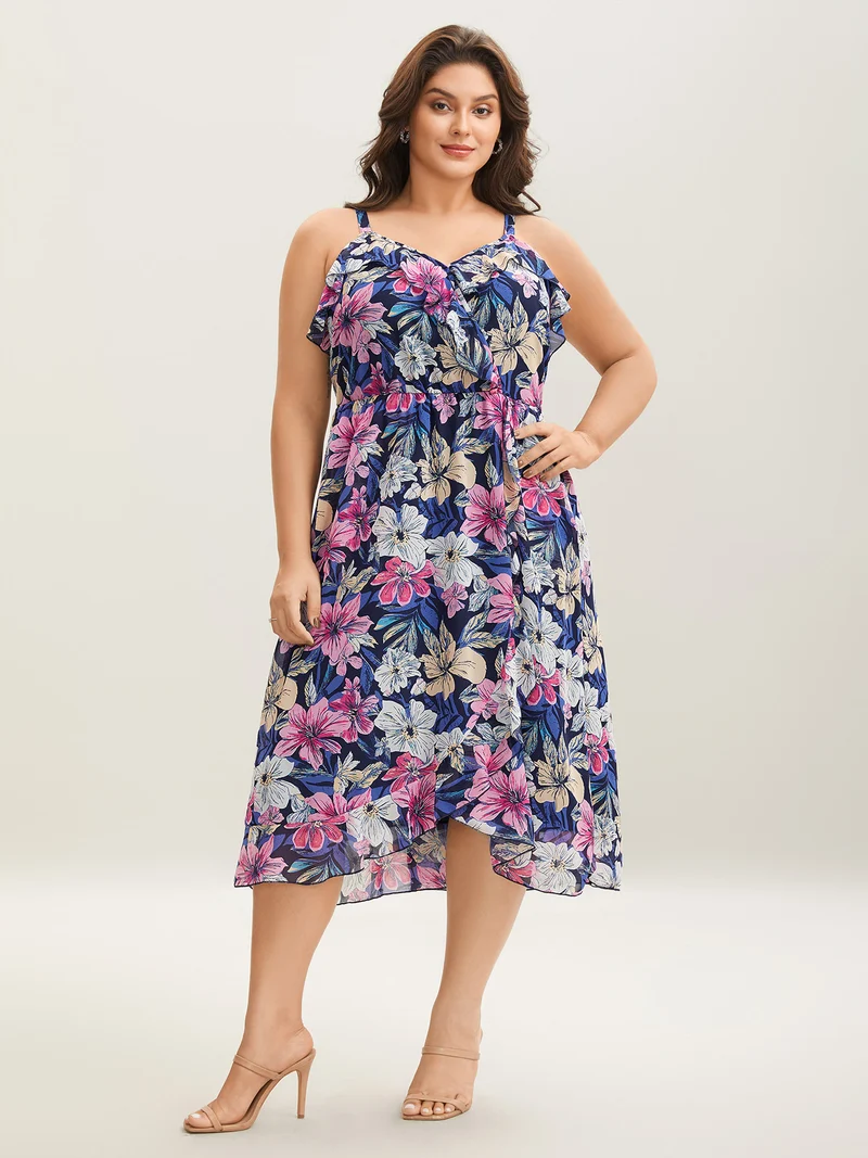 Large Flower Print Overlap Hem Midi Dress
