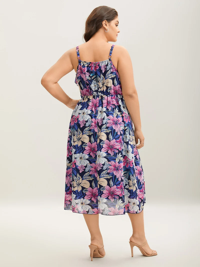 Large Flower Print Overlap Hem Midi Dress