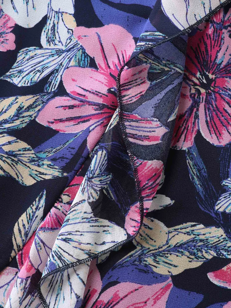 Large Flower Print Overlap Hem Midi Dress