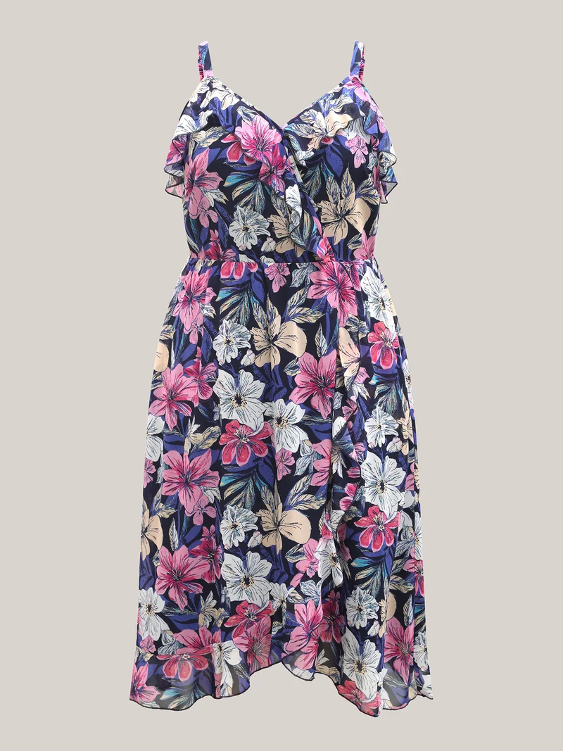Large Flower Print Overlap Hem Midi Dress