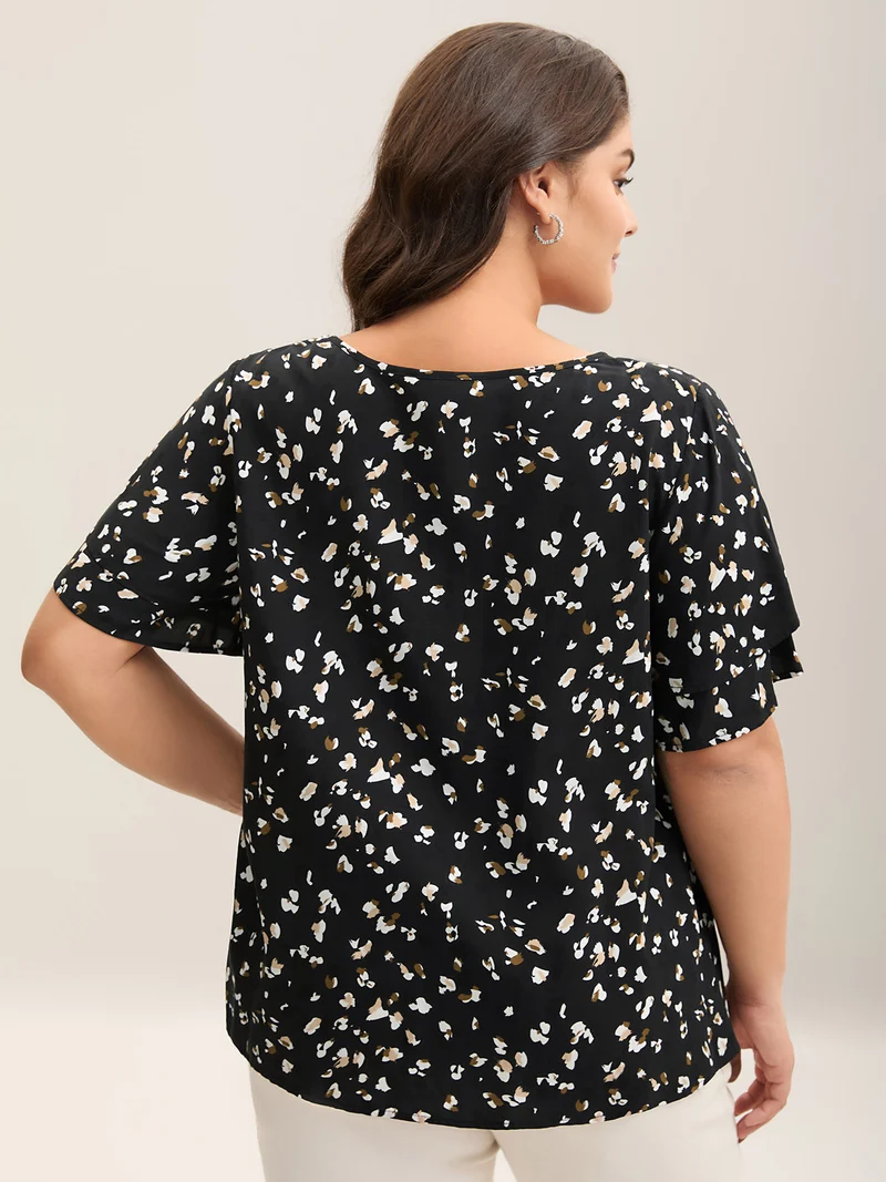 Leopard Dot Print Layered Sleeve Blouse
